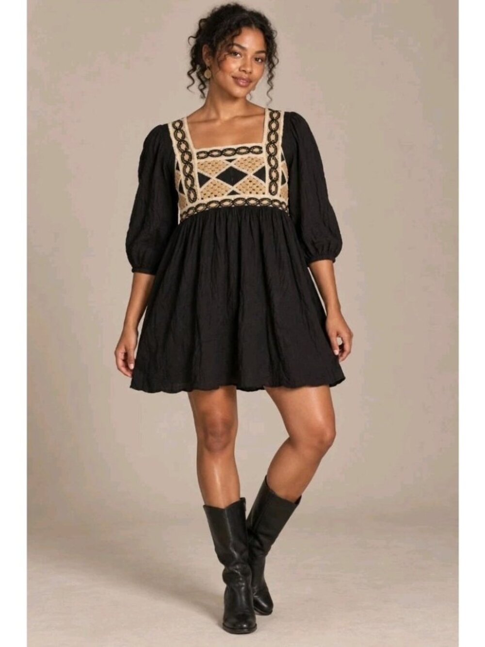 Cato Baby Doll Mini Dress Boho Crochet Bodice Hippie Peasant XL Black